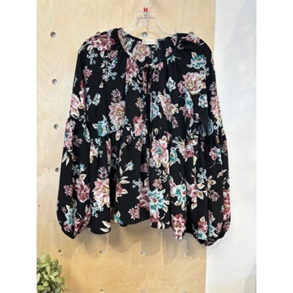 Altar'd State Tops - Altar’d State Black Bell Sleeve Keyhole Neck Floral Blouse Top Size Large